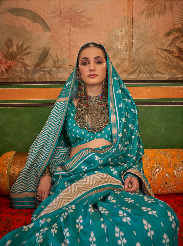 Monjolika Fashion Aqua Blue Mercerized Sigma Silk Saree with Aqua Finish