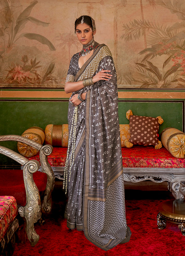 Monjolika Fashion Grey Mercerized Sigma Silk Saree with Aqua Finish