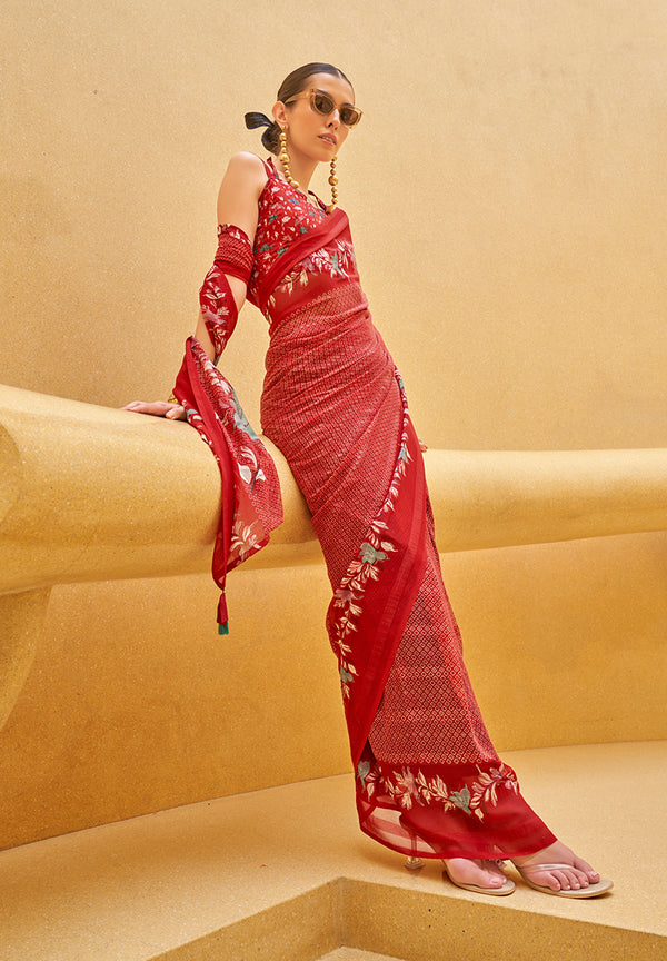 Monjolika Fashion Red Printed Georgette Contemporary Saree