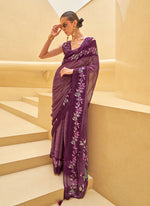 Thumbnail for Monjolika Fashion Dark Purple Printed Georgette Contemporary Saree