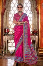 Thumbnail for Monjolika Fashion Silk Dark pink Printed Traditional Festival Saree With Blouse