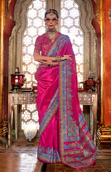 Monjolika Fashion Silk Dark pink Printed Traditional Festival Saree With Blouse