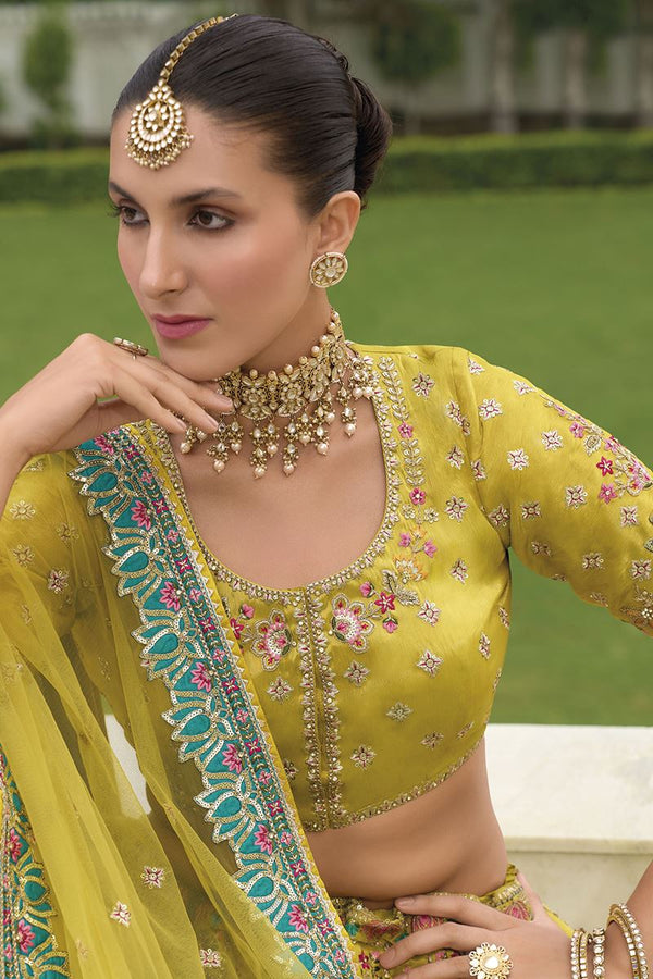 Monjolika Fashion Designer Silk Parrot Green Color Bridal Wear Khatli Work Readymade Lehenga Choli