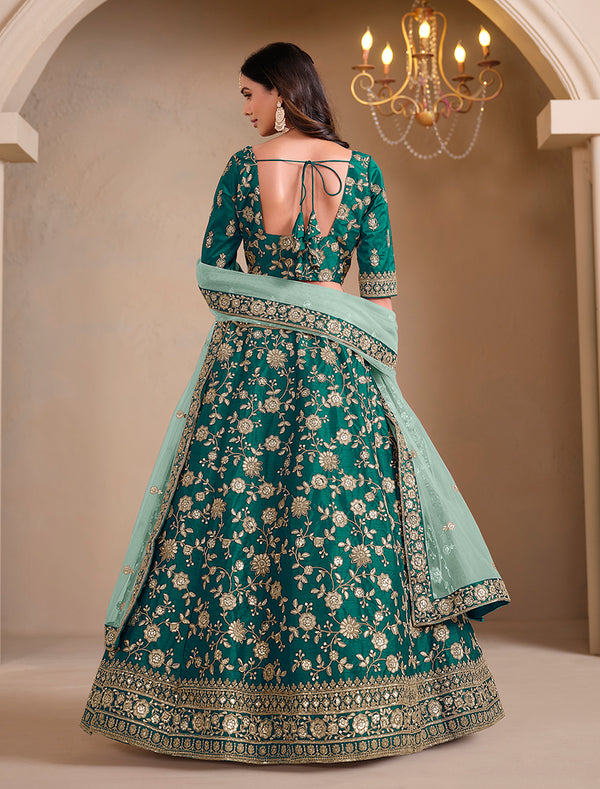 Monjolika Fashion Teal Embroidered Art Silk Designer Lehenga Choli