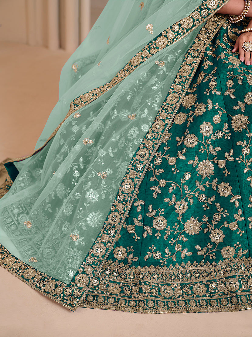 Monjolika Fashion Teal Embroidered Art Silk Designer Lehenga Choli