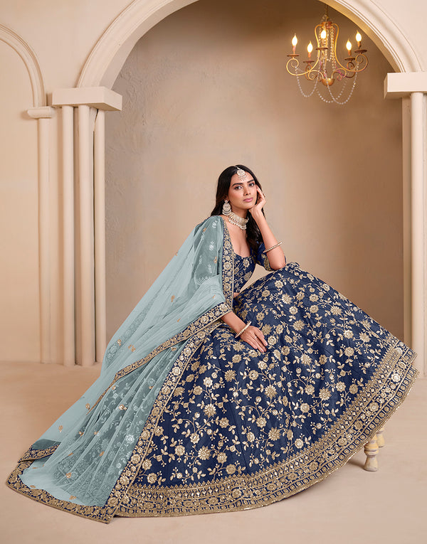Monjolika Fashion Navy Blue Embroidered Art Silk Designer Lehenga Choli