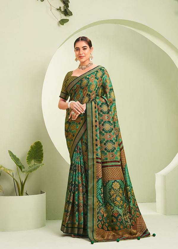Monjolika Fashion Green Ceremonial Paisley Printed Georgette Designer Saree