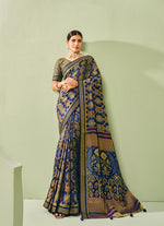 Thumbnail for Monjolika Fashion Navy Blue Ceremonial Paisley Printed Georgette Designer Saree
