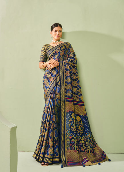 Monjolika Fashion Navy Blue Ceremonial Paisley Printed Georgette Designer Saree
