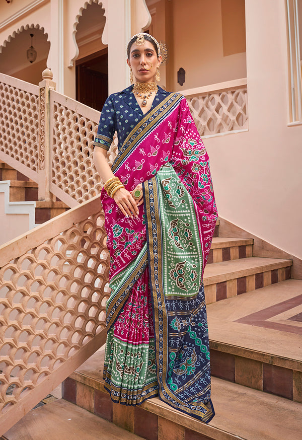 Monjolika Fashion Printed Silk Rani Pink Classic Saree