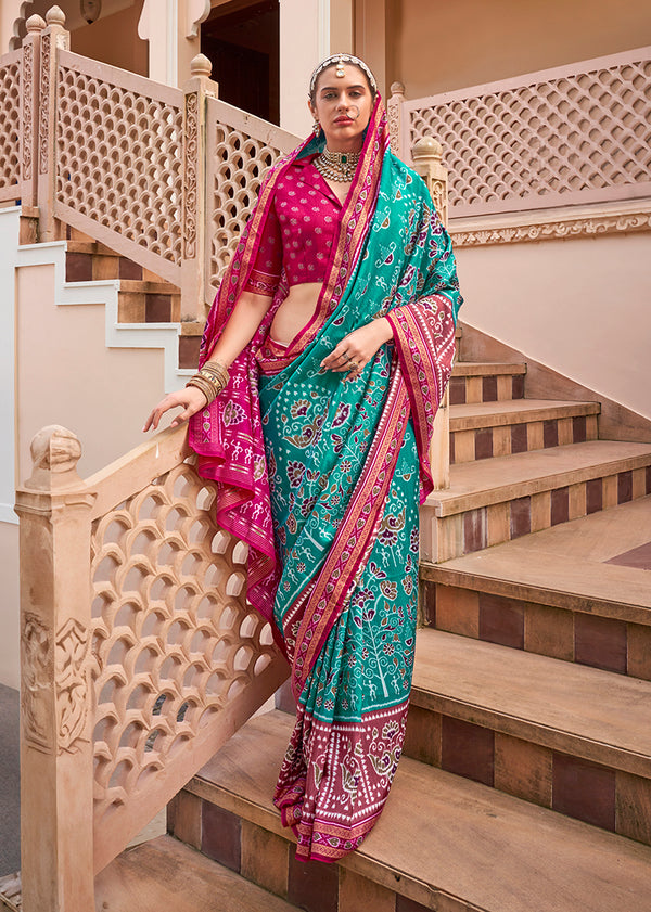 Monjolika Fashion Printed Silk Turquoise Classic Saree