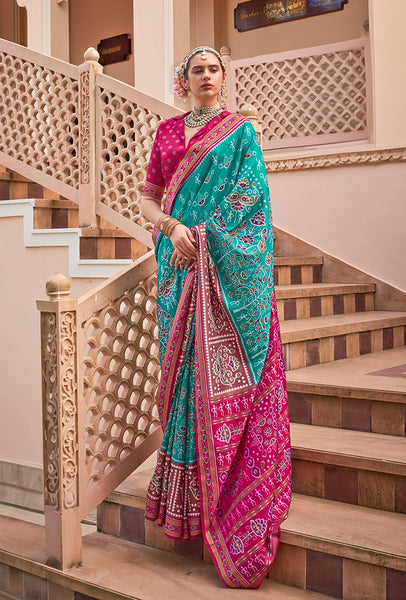 Monjolika Fashion Printed Silk Turquoise Classic Saree