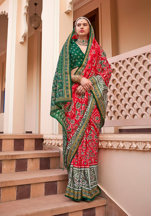 Monjolika Fashion Printed Silk Red Classic Saree