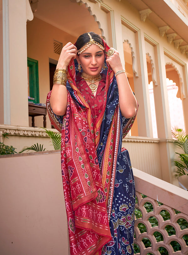 Monjolika Fashion Printed Silk Navy Blue Classic Saree