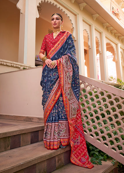 Monjolika Fashion Printed Silk Navy Blue Classic Saree