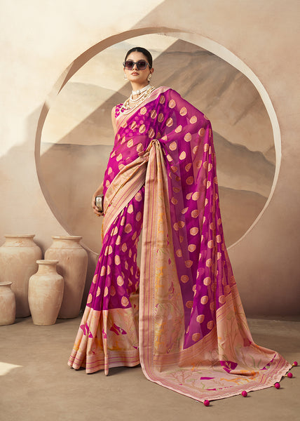 Monjolika Fashion Magenta and Rani Georgette Weaving Zari Printed Classic Saree