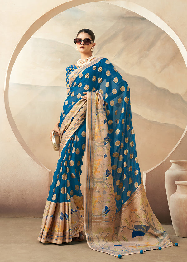 Monjolika Fashion Blue Georgette Weaving Zari Printed Classic Saree
