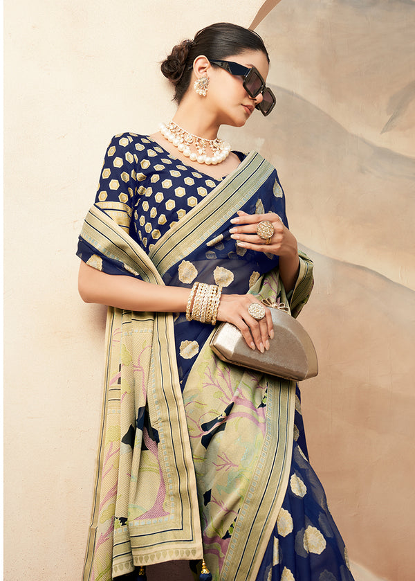 Monjolika Fashion Navy Blue Georgette Weaving Zari Printed Classic Saree