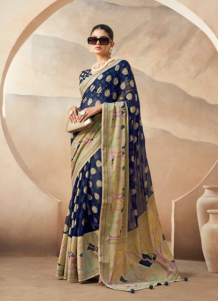 Monjolika Fashion Navy Blue Georgette Weaving Zari Printed Classic Saree
