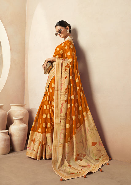 Monjolika Fashion Orange Georgette Weaving Zari Printed Classic Saree