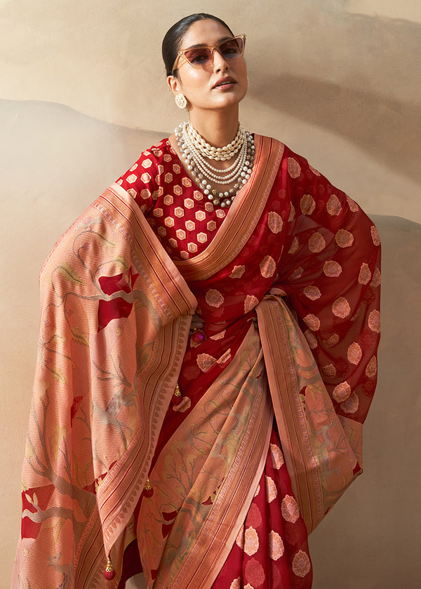 Monjolika Fashion Red Georgette Weaving Zari Printed Classic Saree