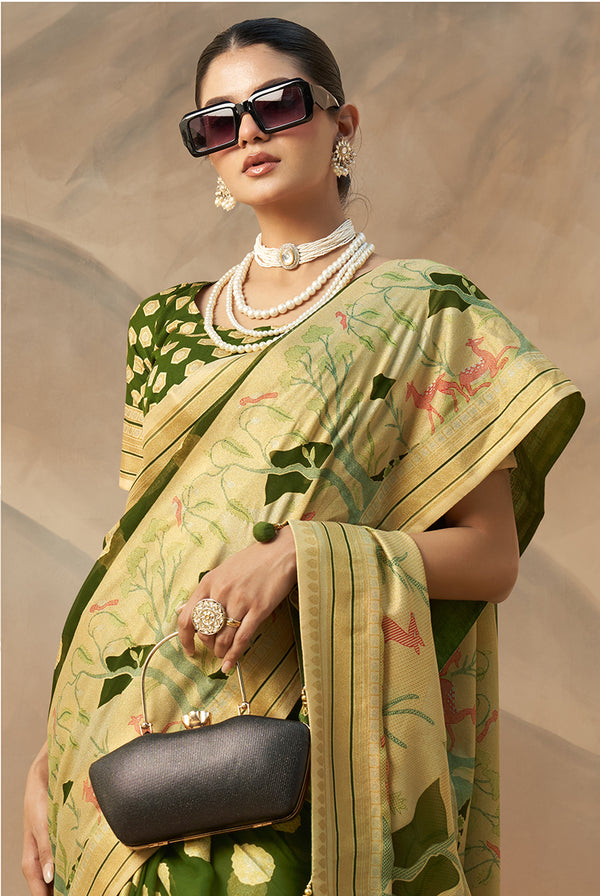 Monjolika Fashion Green Georgette Weaving Zari Printed Classic Saree