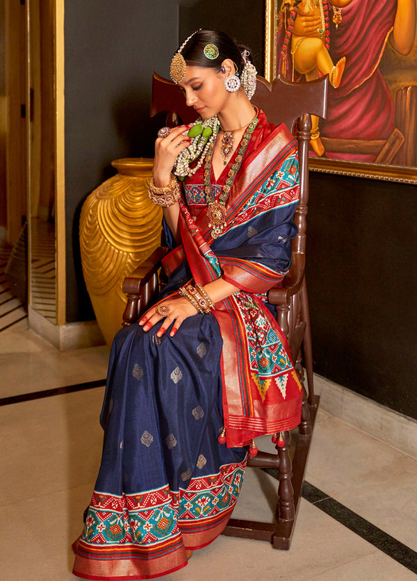 Monjolika Fashion Silk Navy Blue Patola Print Trendy Saree