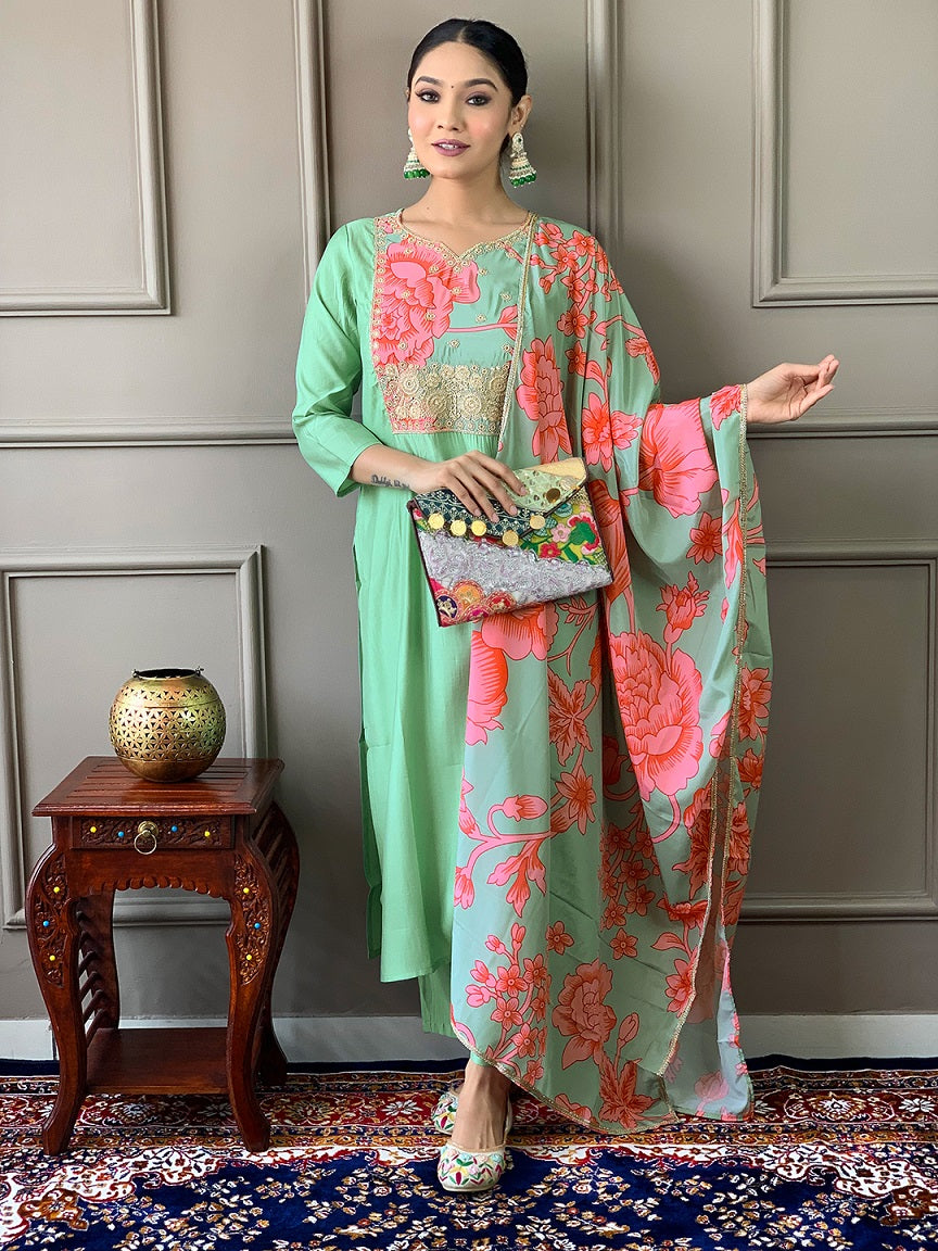 Lyush Women Party Wear Embroidery Worked Kurta With Pant And Dupatta Set - Firozi