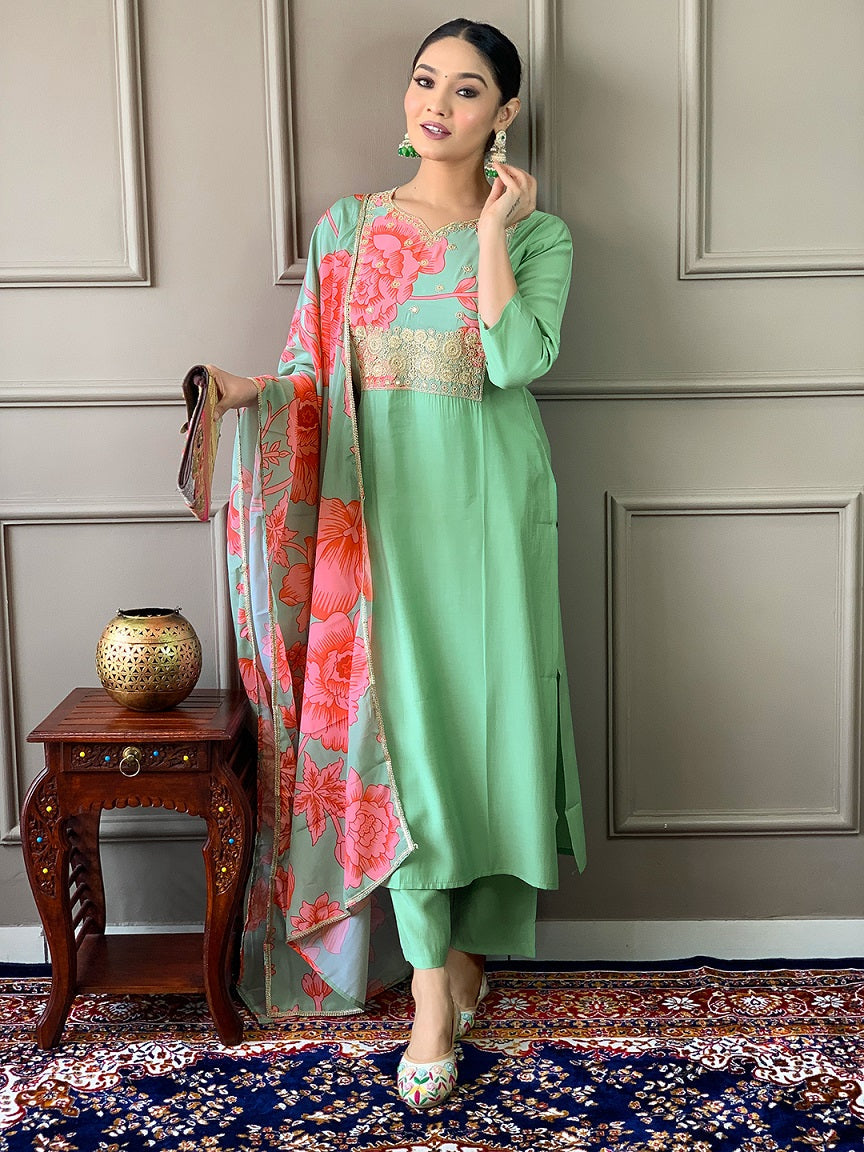 Lyush Women Party Wear Embroidery Worked Kurta With Pant And Dupatta Set - Firozi