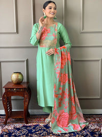 Thumbnail for Lyush Women Party Wear Embroidery Worked Kurta With Pant And Dupatta Set - Firozi