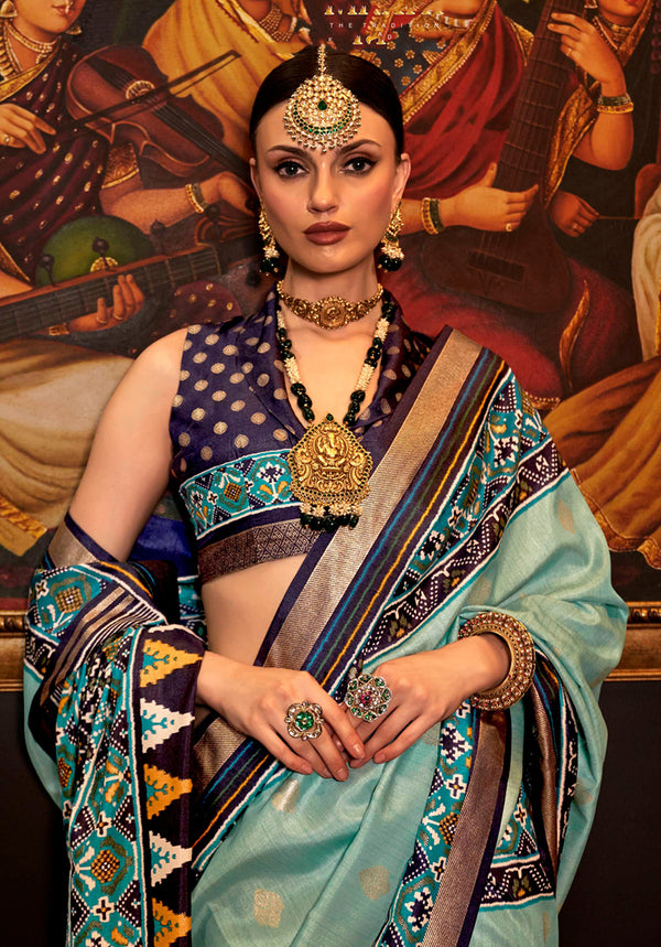 Monjolika Fashion Sea Green Patola Printed Work Silk Designer Saree