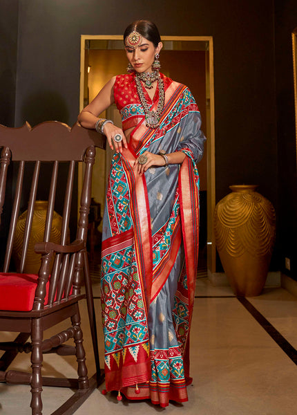 Monjolika Fashion Patola Print Silk Designer Saree In Grey