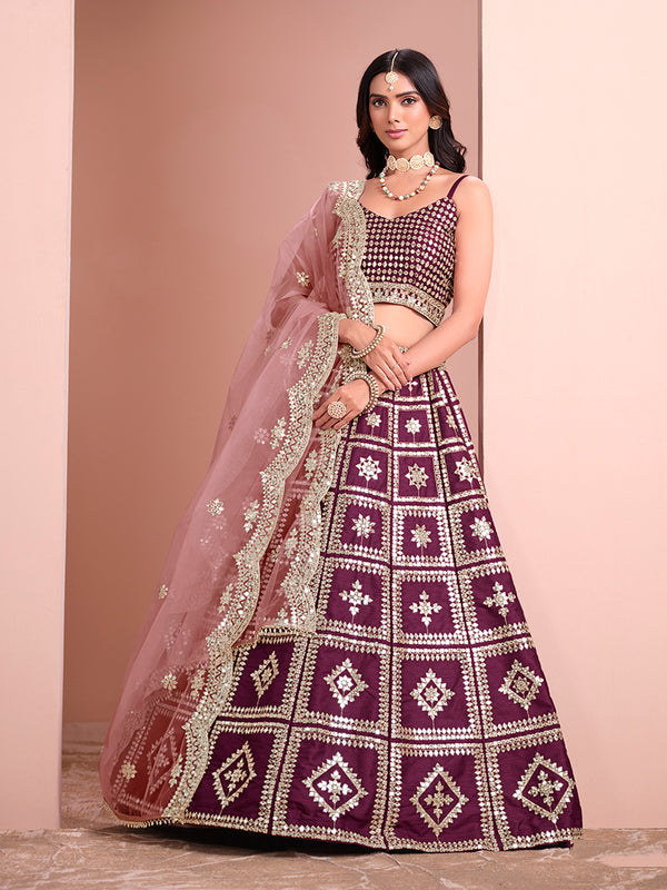 Monjolika Fashion Purple Embroidered Art Silk Trendy A Line Lehenga Choli