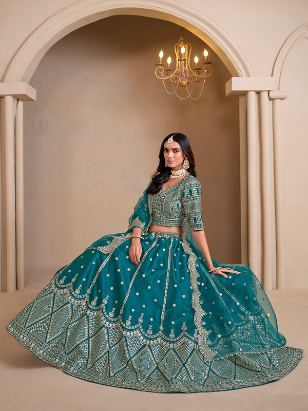 Monjolika Fashion Art Silk Embroidered Teal Lehenga Choli