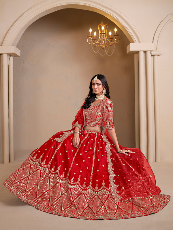 Monjolika Fashion Art Silk Embroidered Red Lehenga Choli