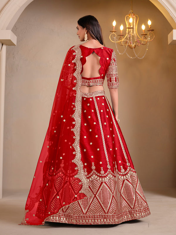 Monjolika Fashion Art Silk Embroidered Red Lehenga Choli