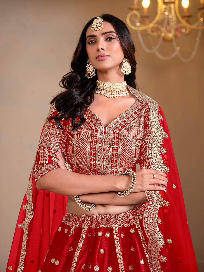 Monjolika Fashion Art Silk Embroidered Red Lehenga Choli