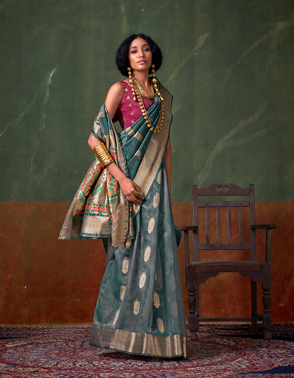 Monjolika Fashion Weaving Zari Tissue Silk Designer Saree In Blue