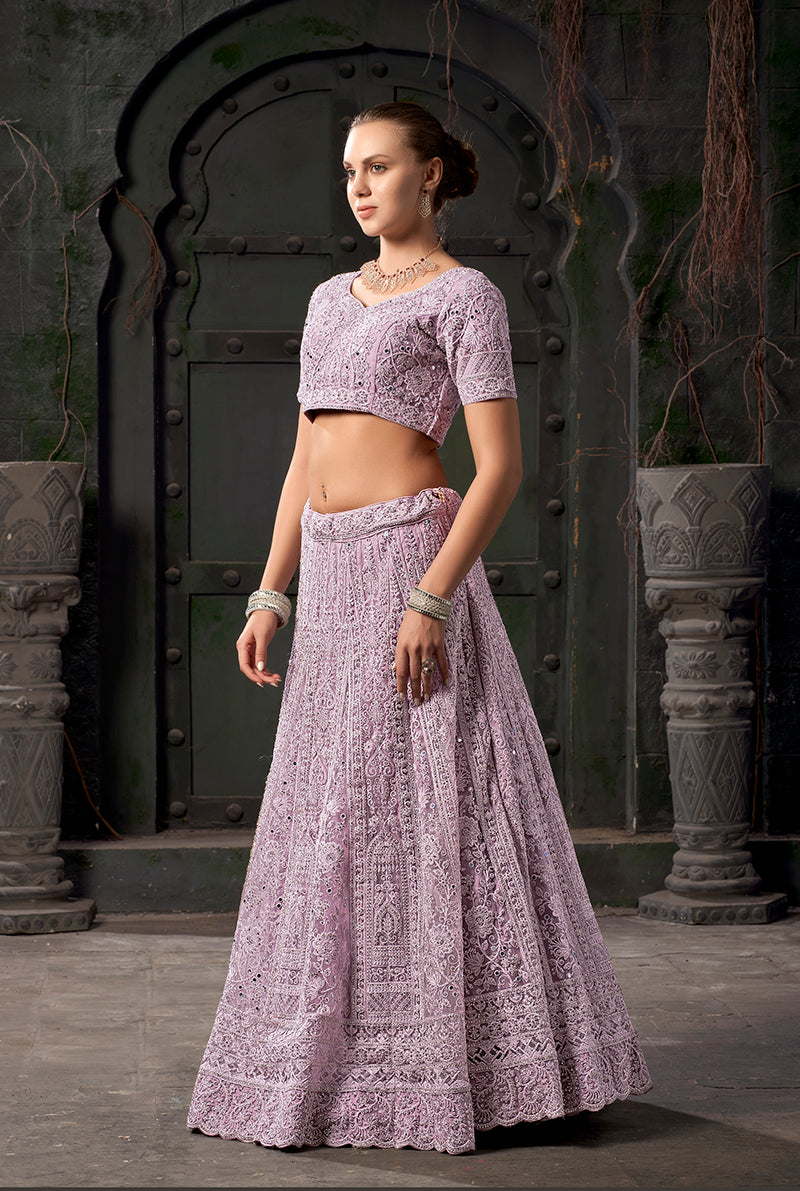 Monjolika Fashion Lavender Net Lehenga Choli In Thread Embroidered