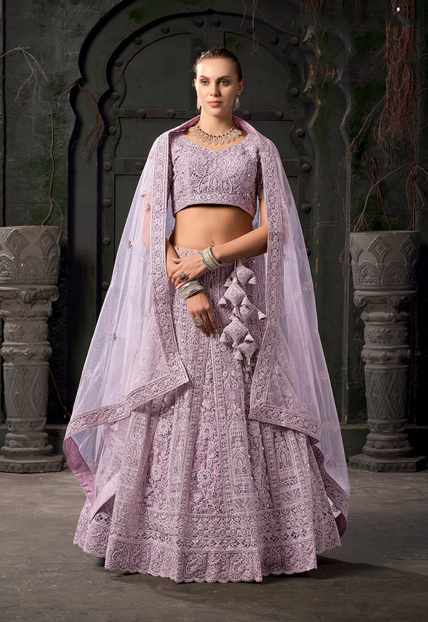 Monjolika Fashion Lavender Net Lehenga Choli In Thread Embroidered