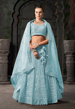 Thumbnail for Monjolika Fashion Sky blue Net Lehenga Choli In Thread Embroidered