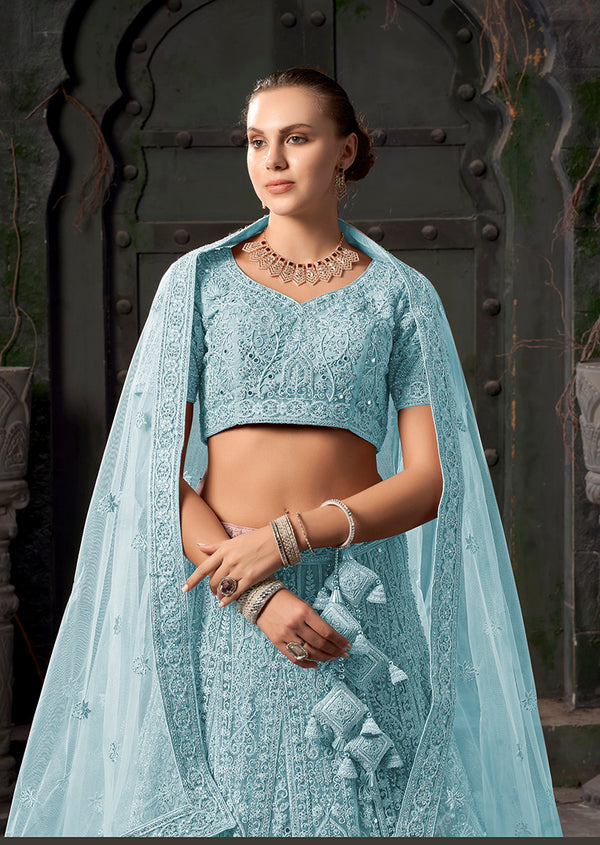 Monjolika Fashion Sky blue Net Lehenga Choli In Thread Embroidered