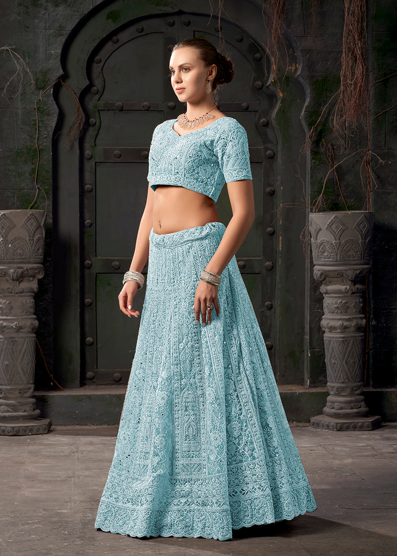 Monjolika Fashion Sky blue Net Lehenga Choli In Thread Embroidered