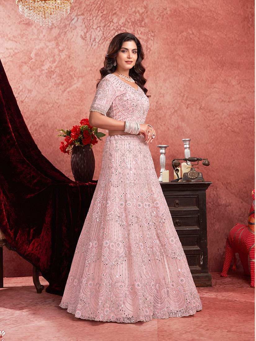 Monjolika Fashion Baby pink Net Lehenga Choli In Thread Embroidered