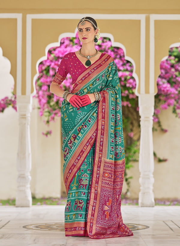 Monjolika Fashion Silk Foil Print Classic Saree In Turquoise