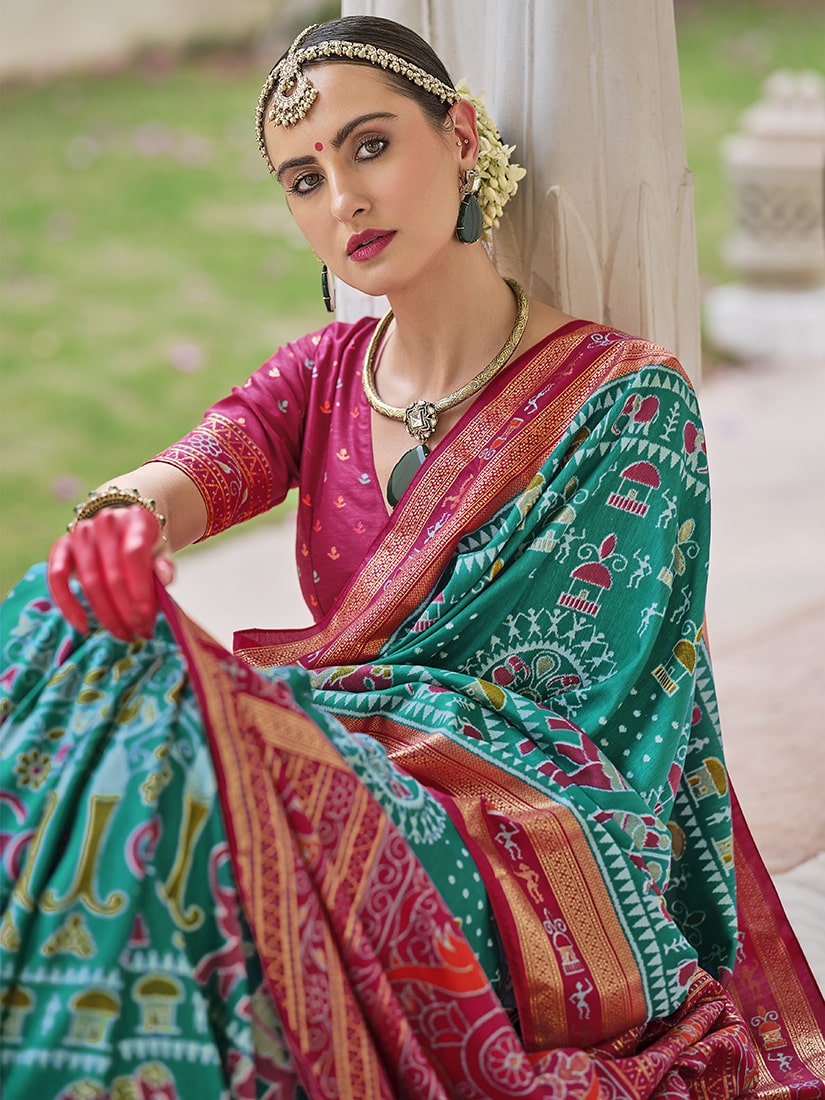 Monjolika Fashion Silk Foil Print Classic Saree In Turquoise