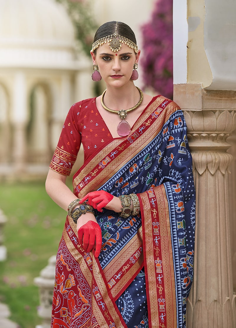 Monjolika Fashion Silk Foil Print Classic Saree In Navy Blue