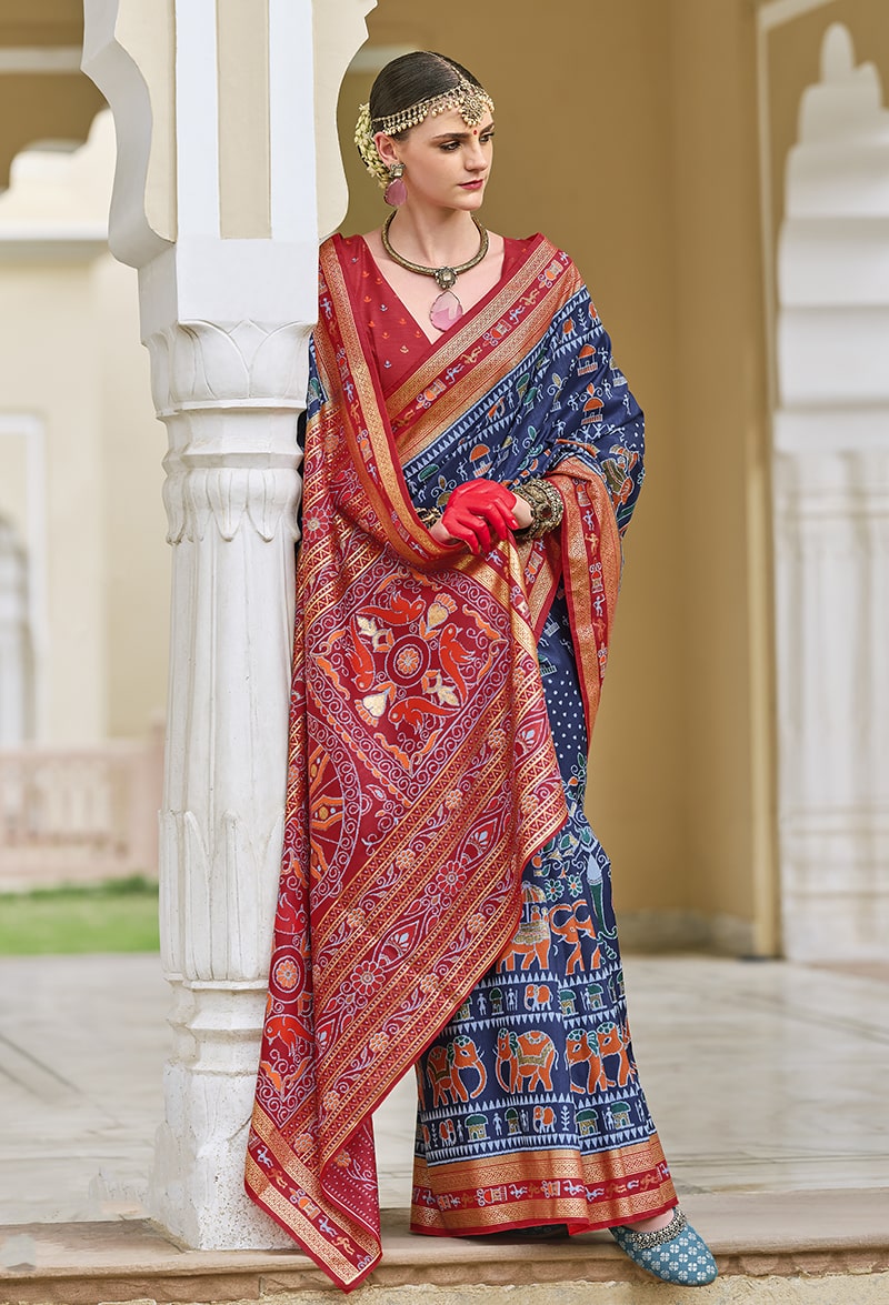 Monjolika Fashion Silk Foil Print Classic Saree In Navy Blue