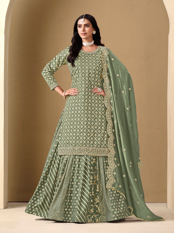 Monjolika Fashion Jacquard Work Dola Sage Green Readymade Lehenga Choli