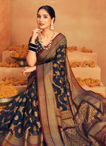 Thumbnail for Monjolika Fashion Navy Blue Georgette Woven Festival Designer Saree